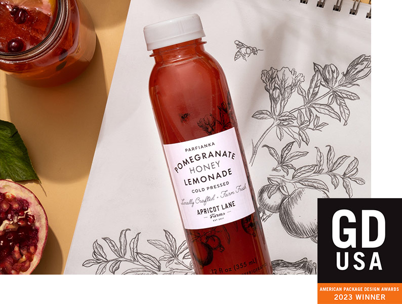 2023 Package Design Award Apricot Lane Farms Parfianka Pomegranate Honey Lemonade